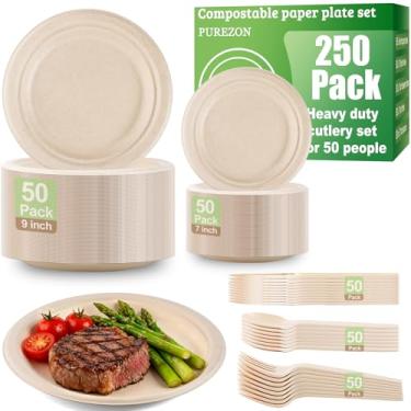 Imagem de PUREZON Conjunto de pratos compostáveis de 250 peças, pratos de festa marrons descartáveis com utensílios, kit de louça biodegradável (pratos, garfos, facas, colheres) para acampamento, aniversário