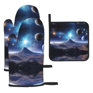 Imagem de Space Planet – Conjunto de cozinha essencial com 3 peças, luvas resistentes ao calor e alça de tampa, proteção para churrasco no forno, design de armazenamento suspenso.