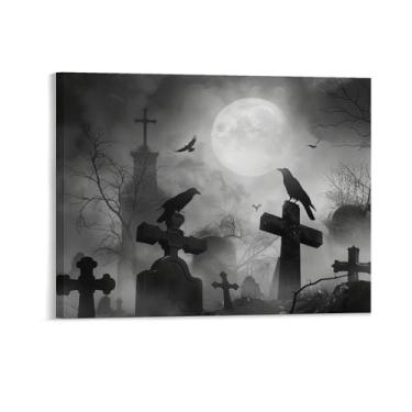 Imagem de HouLaiZhe Pôster de Halloween Lápide Lua Corvo Impressão de Arte de Parede Decorações de Halloween Decoração de Parede Estética Gótica para Sala de Estar Quarto 11 x 14 polegadas (28 x 35 cm)