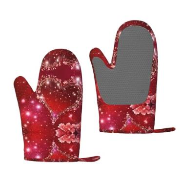 Imagem de Luvas de forno de silicone resistentes ao calor com estampa de coração romântico - Punhos antiderrapantes, uso para grelhar e cozinha (pacote com 2)