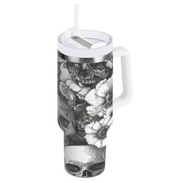 Imagem de Qilmy Copo de flores e caveiras cinza de 1,134 g com tampa e palha, copo isolado de aço inoxidável durável à prova de vazamento com alça, garrafas de água à prova de derramamento para Travel716