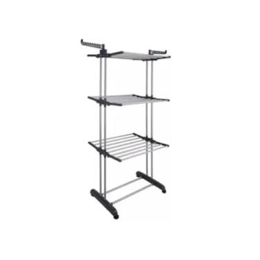 Imagem de Varal de Chão com 3 Andares, Bandejas e Cabideiro, Preto, com Rodízios, Multiuso para Roupas