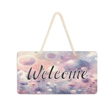 Imagem de Burbuja Placa de boas-vindas Dreamy Planets para porta da frente, placa de boas-vindas de PVC para decoração de férias, 15 x 28 cm