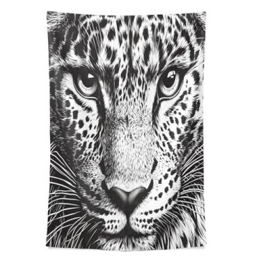 Imagem de STAYTOP Tapeçaria de parede de leopardo preto e branco para decoração de casa, decoração de dormitório, sala de estar, quarto, tapete de parede (90 × 60 pol)