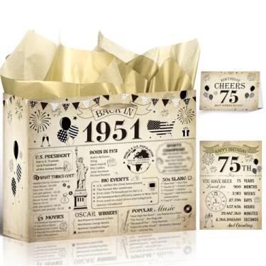 Imagem de Wxiben Bolsa de presente de aniversário de 75 anos – Decorações de aniversário de 75 anos para mulheres e homens, saco de embrulho vintage com alças de papel de seda, pôster de cartão comemorativo, de