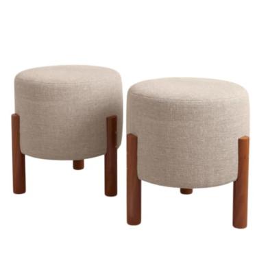 Imagem de Kit 2 Puffs Decorativos Luxo em Linho para Sala e Escritório Puff Redondo Moderno Suporta até 150kg Escolha a Cor (2 Pufs Bege)