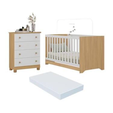 Imagem de Berço Americano 3 em 1 com Colchão Incluso e Cômoda 4 Gavetas Allegra Multimóveis Mp4700 Madeirado/branco