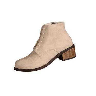 Imagem de Bota feminina de cano curto com cadarço lateral e salto grosso, confortável, Bege, 38