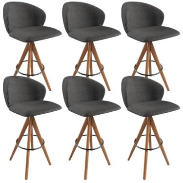 Imagem de Kit 06 Banquetas Alta Giratória Bar Cozinha Sala de Jantar Bar Mia L02 Linho Cinza Escuro - Lyam Decor