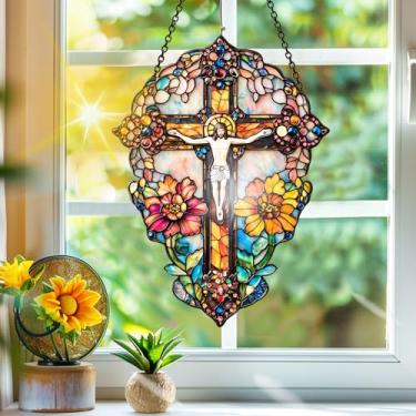 Imagem de Acrílico colorido, apanhadores de sol, decoração de janela pendurada com flores cruzadas, arte de parede de arco-íris, para varanda, interior e exterior, jardim, enfeites de Natal, decoração 19 x 19