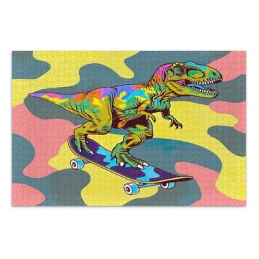 Imagem de Quebra-cabeça colorido de dinossauro t Rex andando de skate de 1000 peças, quebra-cabeças de fantasia para adultos, noite de jogo