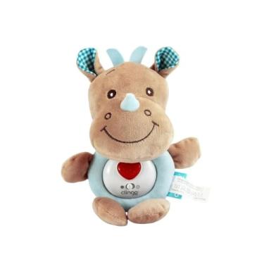 Imagem de Rinoceronte Musical de Pelúcia, Bege e Azul, com Luz e Sons Calmantes, 25x19x10 cm, Brinquedo Infantil com 2 Baterias Inclusas