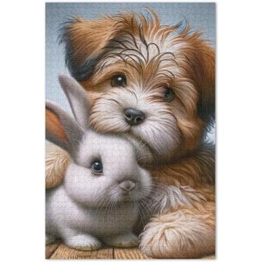 Imagem de Quebra-cabeça de cachorro terrier, coelhinho fofo, adulto, 500 peças, decoração de arte, pintura, presentes para amantes de quebra-cabeça, 51 x 35 cm