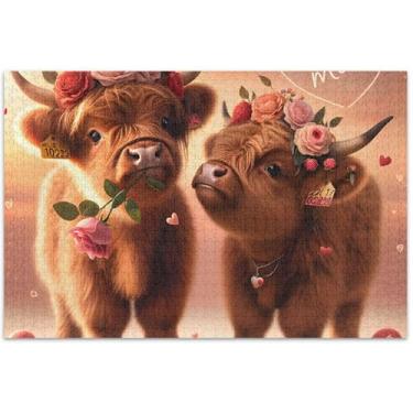Imagem de Quebra-cabeças fofos personalizados de vaca Highland para adultos, 500 peças, paisagem floral, quebra-cabeças rígidos, presentes para jogo de elefante branco, 51 x 35 cm