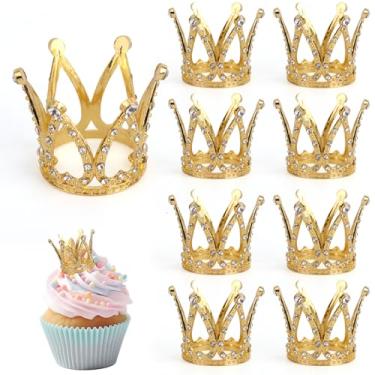 Imagem de 9pçs Coroa Bolo Topper, Ouro Mini Coroa Bolo Decorações com Strass Elegante Pequena Tiara para Buquê Flores Aniversário Casamento Festa Decoração Baby Shower Artesanatos