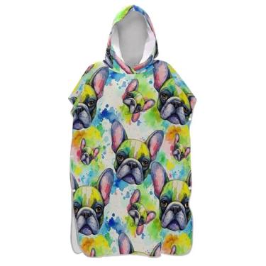 Imagem de TSENQUE Roupão para adultos, poncho de surfe, toalha de banho com capuz, leve, masculino, feminino, poncho com capuz, cabeças coloridas de buldogue francês