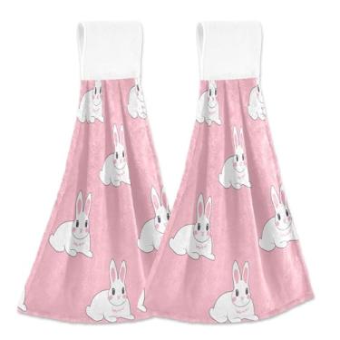 Imagem de Toalhas de mão fofas coelhinhas rosa coelho pendurado para cozinha toalhas de forno personalizadas conjunto de 2 itens essenciais de cozinha decorativos ultra absorventes, 46 x 35 centímetros