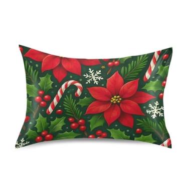 Imagem de Fronhas de cetim de Natal com flores vermelhas de poinsétia fofas refrescantes King Queen padrão design de decoração de cama capa de travesseiro tamanho padrão 66 cm x 50 cm