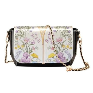Imagem de Bolsa tiracolo feminina roxa e amarela floral em couro branco, bolsa feminina de couro, bolsa de ombro para mulheres, Floral com pássaros e flores - 2, One Size