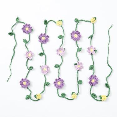 Imagem de Guirlanda de flores de crochê feita à mão, enfeites florais de lã de tricô, guirlanda de flores brancas e roxas para pendurar para artigos de festa de 1º aniversário, berçário, quarto, lareira