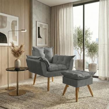 Imagem de Kit Poltrona Decorativa Confortável Para Sala Recepção Manicure com Puff Para Quarto Penteadeira Closet Quadrado Tecido Suede (Cinza)