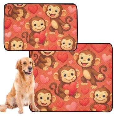 Imagem de Almofadas de xixi para cães, tapete reutilizável fofo de desenho animado macaco vermelho coração filhote de cachorro tapete absorvente impermeável cercadinho para cães, médio + grande, conjunto de 2