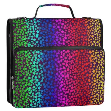 Imagem de Fichário de 3 anéis roxos com estrelas coloridas arco-íris, anel D de 3 cm, organizador de fichário escolar com alça de ombro, pasta de armazenamento para estudantes com alça