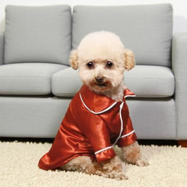 Imagem de Layheld Pijama elegante de cetim com laço e faixa de cabeça, conjunto de 2 peças, roupa de dormir para animais de estimação, cosplay, vários tamanhos para gatos e cães pequenos (conjunto vermelho, PP)