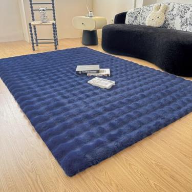 Imagem de Tapete de pelúcia de coelho azul marinho para quarto de sala de estar, sofá, 1,8 m x 20,3 m de pele sintética felpudo retangular para quarto de crianças e adolescentes, tapete peludo para berçário