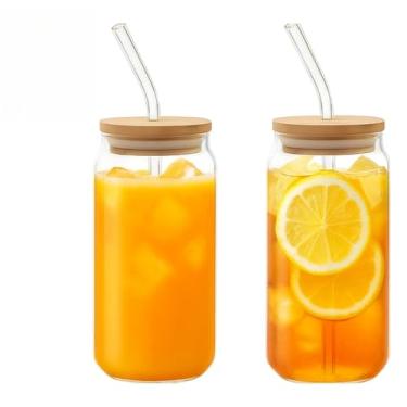 Imagem de Kit 1/2/3/4 Copos de Vidro 500ml com Tampa de Bambu e Canudo Reutilizável – 18 * 6.5cm, Passeios ao Ar Livre e Reuniões com Amigos(2 Unidades)
