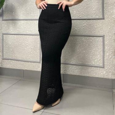 Imagem de Saia Feminina Longa Tricô Crochê Rendada Sereia Tendência Moda Verão -
