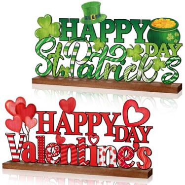 Imagem de Cinnvoice 2 peças placa de metal feliz dia dos namorados placa rústica coração e trevos mesa placa feliz dia de São Patrício decoração casa de fazenda centro de mesa com base de madeira para bandeja