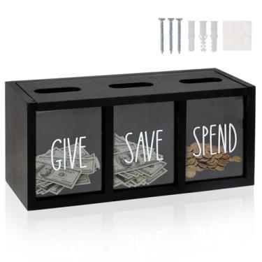 Imagem de Himitimi Cofrinho de madeira para crianças, gaste poupe, dê dinheiro, caixa de economia de moeda visualizada e caixa de economia de dinheiro para crianças, meninos, meninas e adultos (suporte de