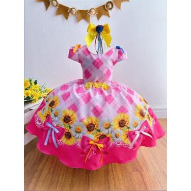 Imagem de Vestido Infantil Junino Festa São João Xadrez Rosa Girassol - Tamanho 