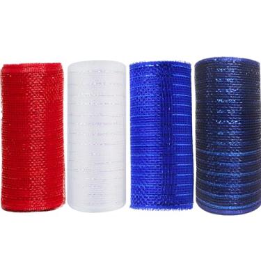 Imagem de JStnana Fita decorativa de 15 cm, 4 rolos de fita de malha patriótica vermelha, branca, azul marinho, 15 cm, rolos de malha decorativa de folha metálica para artesanato de grinalda do Dia da