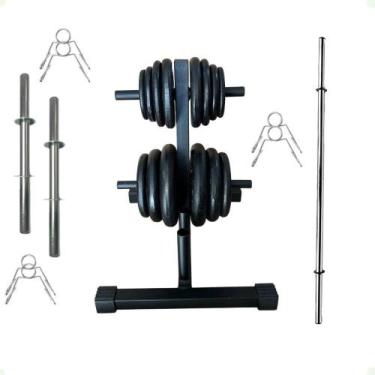 Imagem de Kit Musculação com Suporte + 50 Kg de Anilhas Ferro com Barras - BOX I