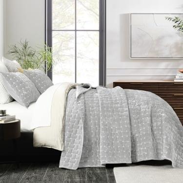 Imagem de Grassix Conjunto de colcha de veludo luxuoso, tamanho Queen, 3 peças, edredom leve de veludo com fronhas, colcha acolchoada geométrica para todas as estações, cinza gelo, 228 x 244 cm