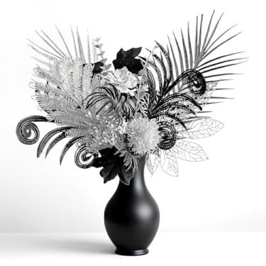 Imagem de Arranjo de flores de imitação de metal preto e prata - decoração minimalista moderna, estilo industrial simples, adequado para entrada, mesa de centro de sala de estar, mesa de escritório, mesa