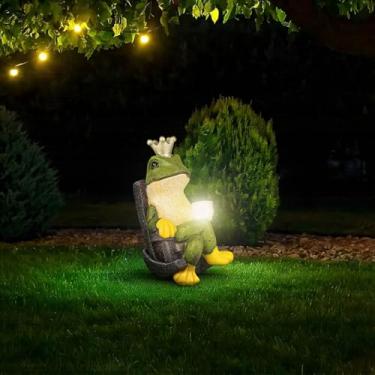 Imagem de dojune Estátua de cogumelo de jardim movida a energia solar com sapo de leitura, luz decorativa ao ar livre, resina pintada à mão, liga/desliga automática (preto)