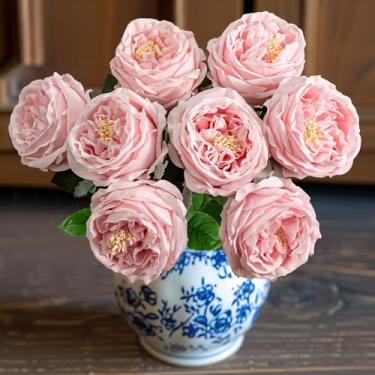 Imagem de YILIUFA 4 peças de flores artificiais de peônias de toque real, 8,5 cm flor falsa de látex rosa Austin com hastes para buquê de casamento, festa de dia dos namorados, casa e cozinha (rosa claro)