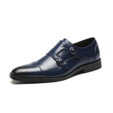 Imagem de Sapato social masculino de couro PU com tira dupla de monk, mocassim Oxford, Azul, 44