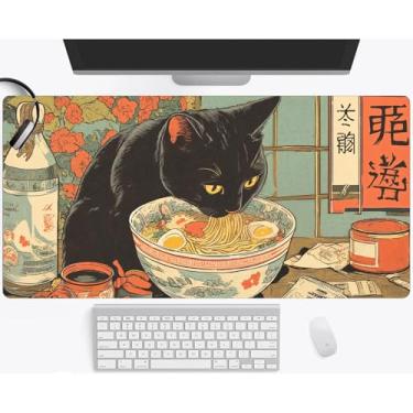 Imagem de Tapete de mesa de gato preto ramen japonês 2GG grande estendido para jogos tapete de mouse gamer trabalho, escritório, computador, notebook, teclado, tapete de mesa 90,9 x 39,9 cm