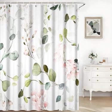 Imagem de TTQYFNM Cortina de chuveiro verde sálvia folha de eucalipto aquarela rosa floral plantas botânicas cortina de banheiro banheira decoração de casa lavável tecido impermeável cortinas de chuveiro
