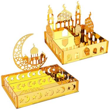 Imagem de Decoração de mesa Ramadan, suporte de exibição de espelho de acrílico, conjunto de 2, lua crescente e estrela + castelo