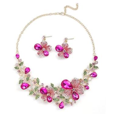 Imagem de Cykdohy Brincos de colar rosa choque flores strass 2 peças noiva dama de honra casamento conjunto de joias para mulheres floral folha gota cristal aglomerado festa nupcial baile elegante fantasia