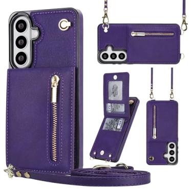 Imagem de Capa carteira para Samsung Galaxy S26, couro premium e TPU, capa traseira para celular com alça de pulso e suporte, capa protetora fina para mulheres e meninas (Roxo)
