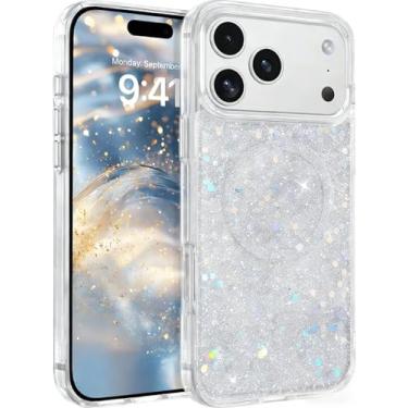 Imagem de YTanazing Capa magnética com glitter para iPhone 17 Pro Max feminina, [compatível com MagSafe] Capa de telefone luxuosa e brilhante para iPhone 17 Pro Max (6,9 polegadas), prata