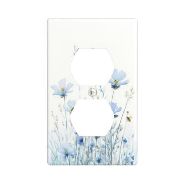 Imagem de Capas decorativas para interruptores de luz azul fresco, flor e abelha, 1 gangue, tomada dupla única, placa de parede, placa elétrica para decoração de casa