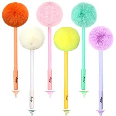 Imagem de Abhay Pacote com 6 canetas esferográficas coloridas e criativas, caneta de pompom colorida para suprimentos de festa de meninas, caneta de presente fofa artigos de papelaria e material de escritório
