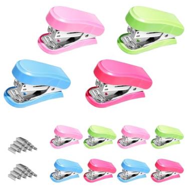 Imagem de 12 minigrampeadores com 12 caixas de grampo, inclui removedor de grampos embutido, grampeador de mesa para material de escritório escolar (azul, verde, rosa, rosa)